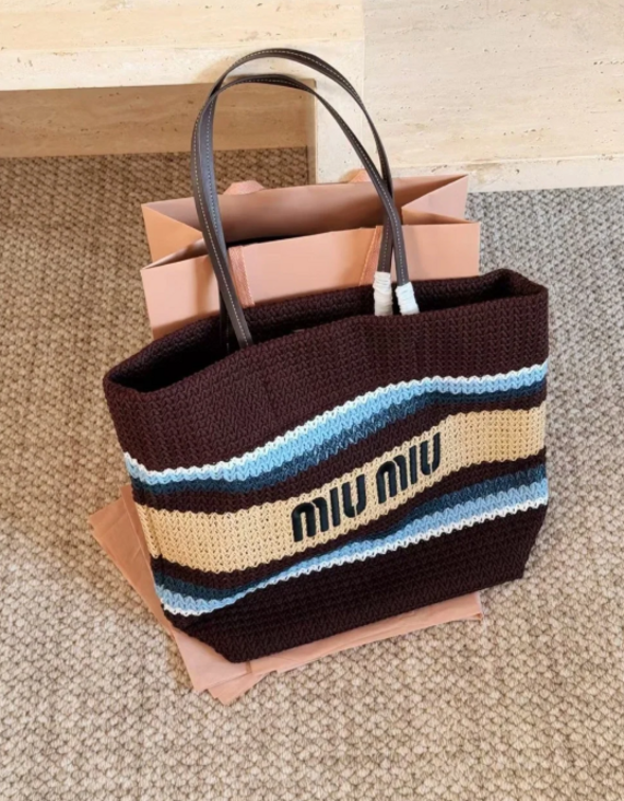 Miu Miu Brown Crochet Stripe Tote Bag